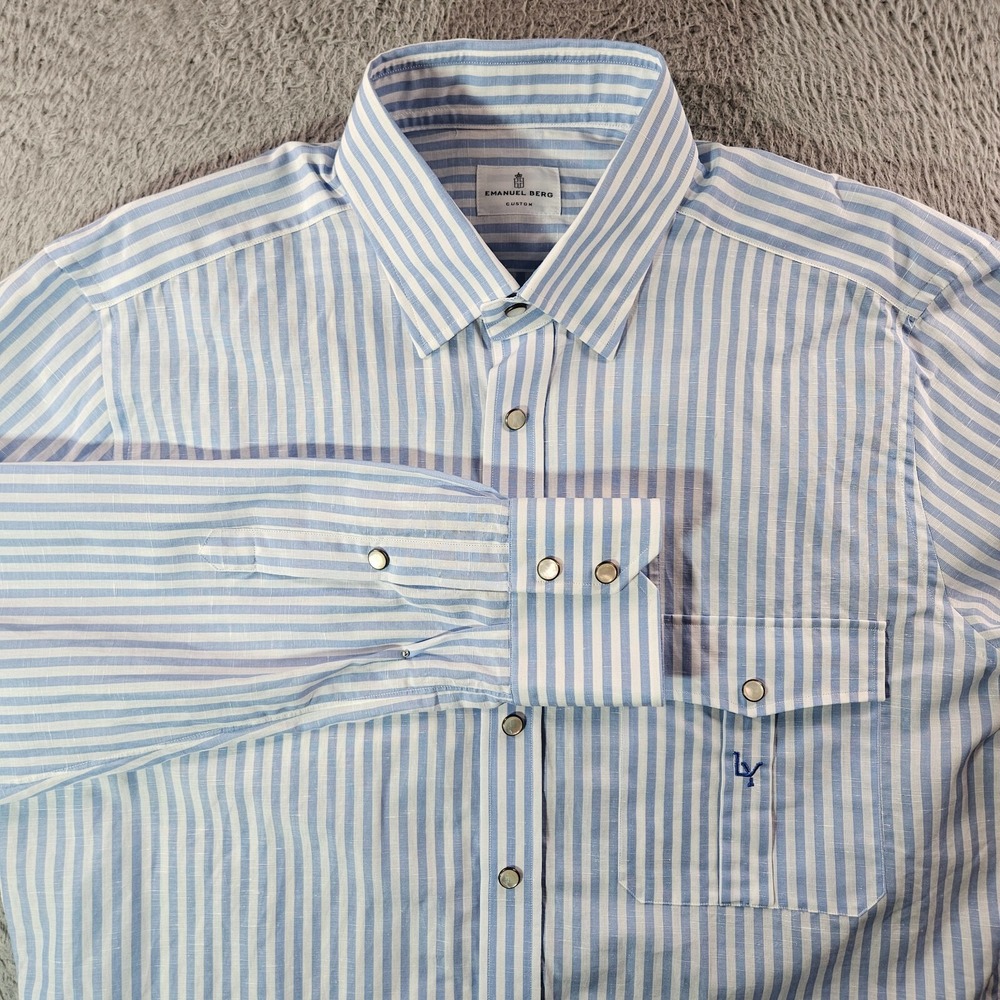 Emanuel Berg Shirt Men Large‎ Pearl Snap Linen Blend Long Sleeve Blue Striped